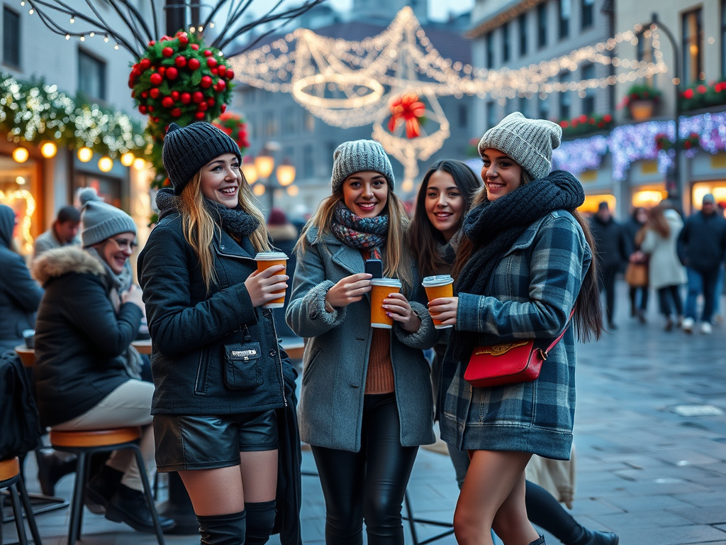 Cztery przyjaciółki rozmawiają i piją kawę na festiwalowej ulicy, otoczone świątecznymi dekoracjami.