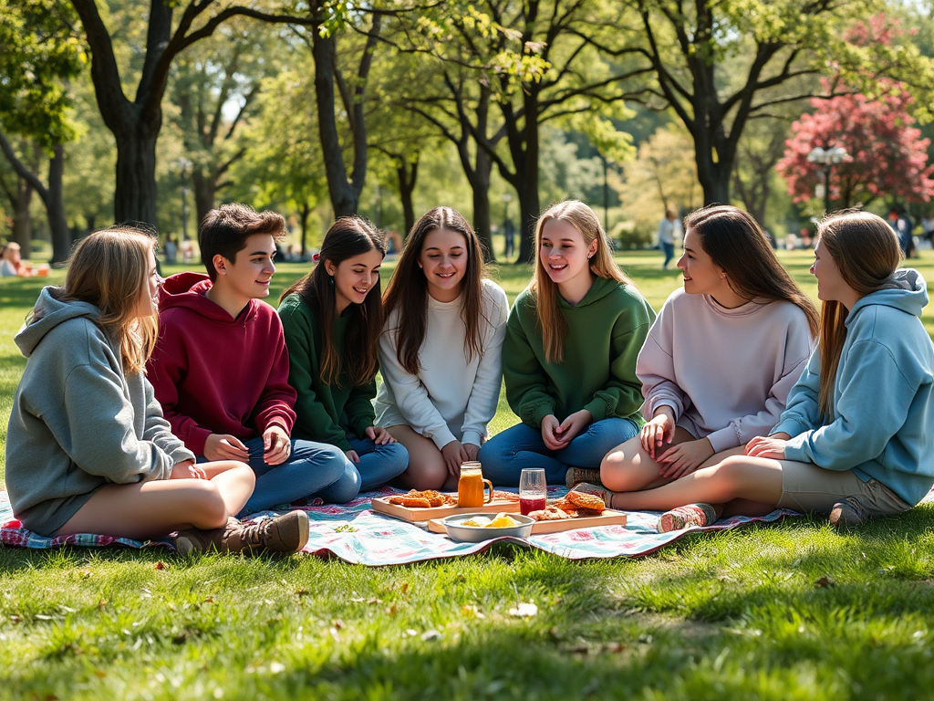 Grupa młodych ludzi siedzi na trawie na pikniku, rozmawiając i jedząc przy smakołykach na kocu.